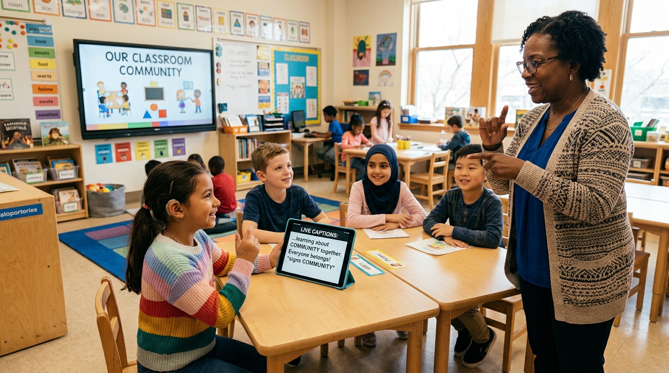 Inclusive Classroom with Deaf Student and Teacher