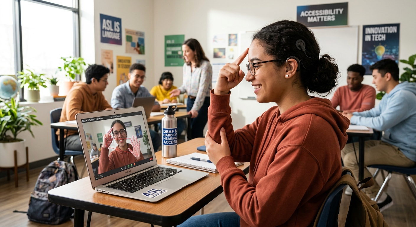 Student using Sign Language with AI MediaPipe Hand Tracking